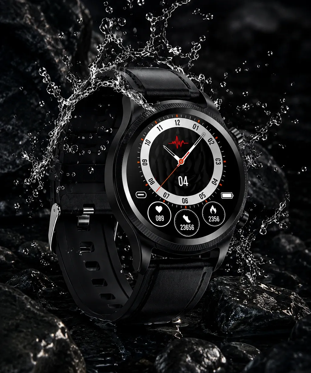 Aptofit Smartwatch in dark theme background and water splashes